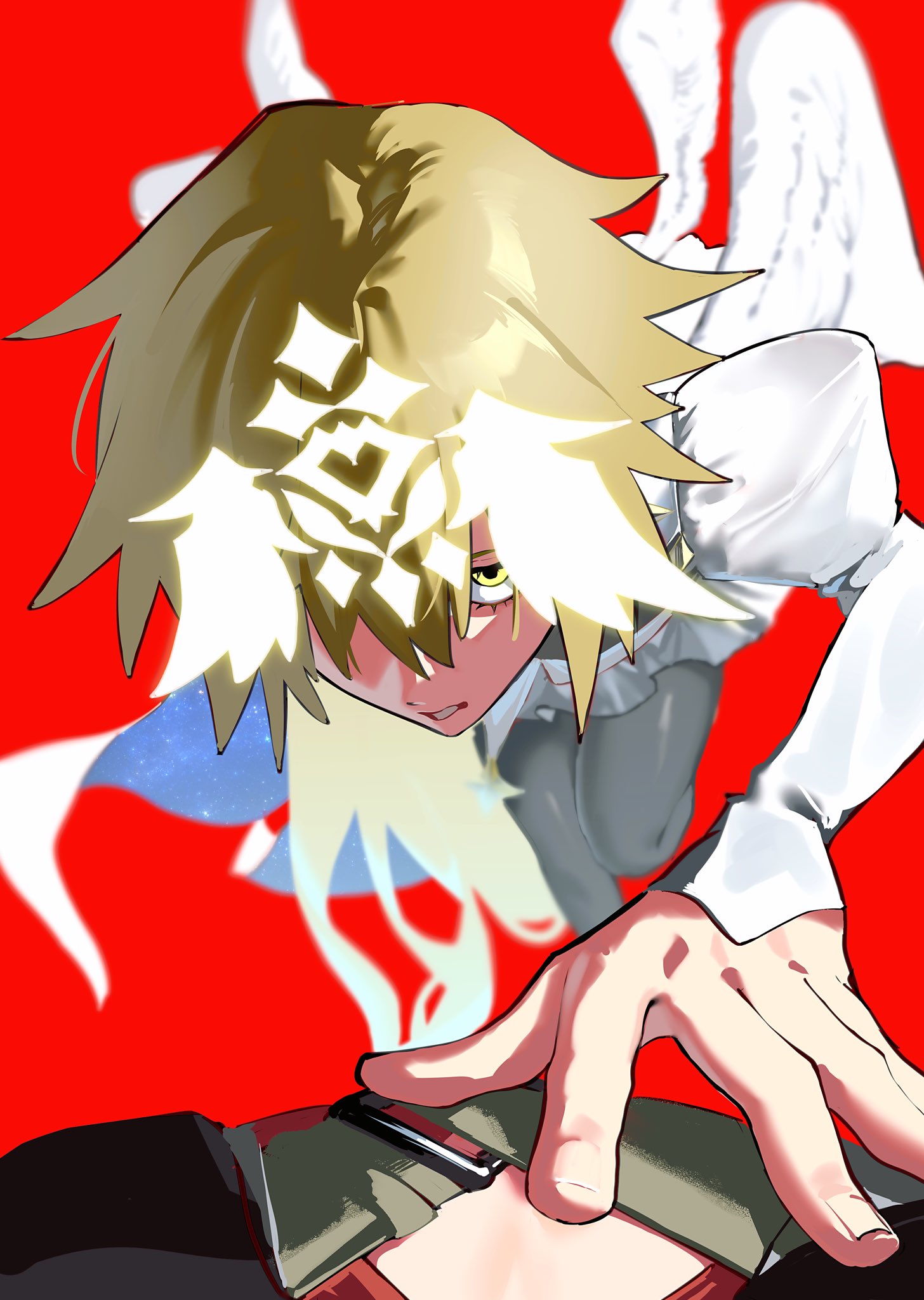 1boy, 1girl, angel_wings, armor, blonde_hair, dante_alighieri_(fate), dante_alighieri_(second_ascension)_(fate), dress