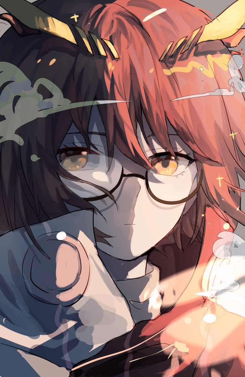 1girl, arknights, black-framed_eyewear, bokuken, brown_hair, closed_mouth, commentary_request, expressionless