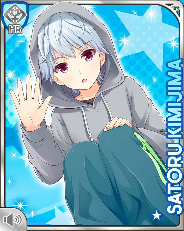 1girl, blue_background, card_(medium), character_name, girlfriend_(kari), green_pants, grey_hoodie, hand_on_own_knee