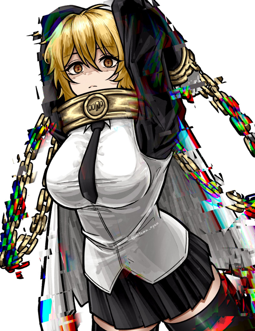 1girl, ahoge, arms_behind_head, arms_up, black_necktie, black_skirt, black_thighhighs, blonde_hair