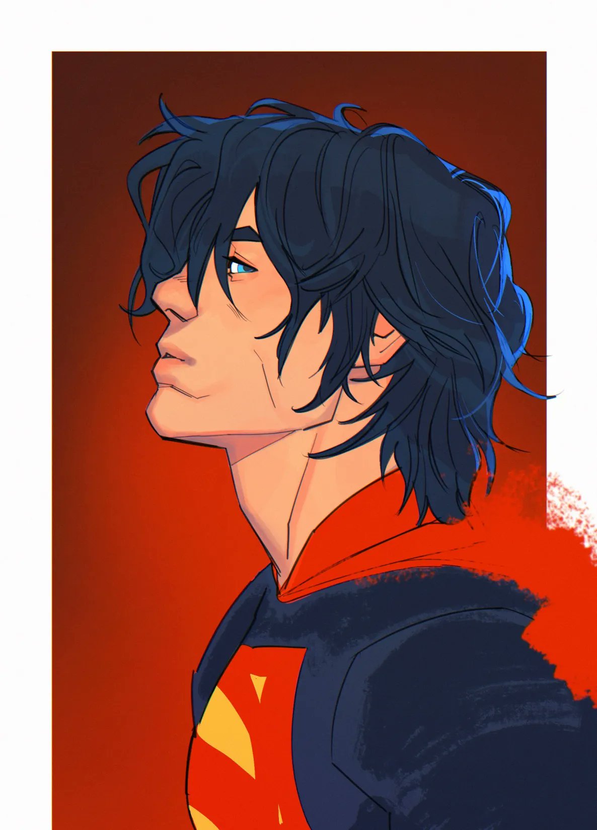 1boy, absolute_dc, absolute_superman, adam's_apple, alternate_hairstyle, black_hair, blue_eyes, blue_shirt