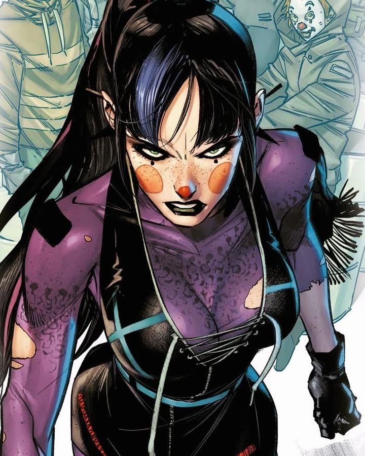 1girl, batman_(series), black_hair, breasts, clown_mask, dc_comics, eyeshadow, freckles