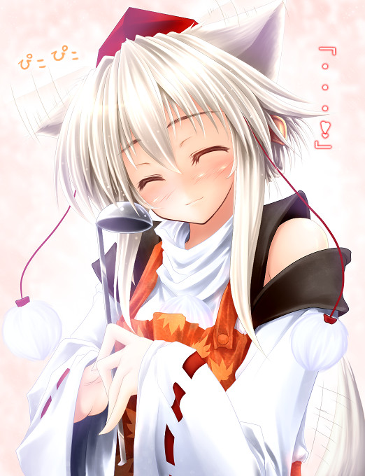 alternate_hairstyle, animal_ears, bare_shoulders, blush, closed_eyes, detached_sleeves, eyes_closed, gizensha