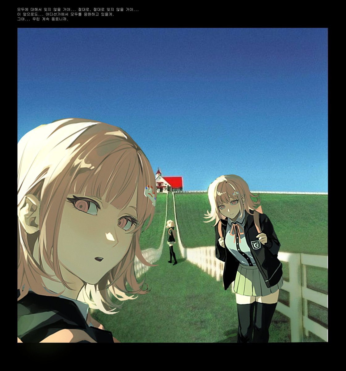 3girls, :o, breasts, brown_hair, collared_shirt, danganronpa_(series), danganronpa_2:_goodbye_despair, day, farm, flipped_hair, hair_ornament, highres, hood, house, jacket, long_sleeves, looking_at_viewer, medium_hair, multiple_girls, multiple_persona, nanami_chiaki, neck_ribbon, open_clothes, open_jacket, outdoors, pink_eyes, pink_ribbon, ribbon, saman_zero7, shirt, skirt, smile, standing, teeth, thigh-highs, translation_request, upper_teeth_only, white_shirt