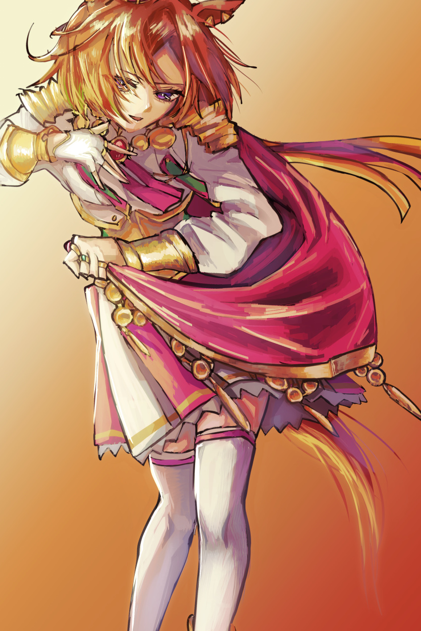 1girl, absurdres, armor, brown_hair, brown_tail, commentary_request, gold_corset, gold_vambraces, gradient_background, hair_between_eyes, highres, horse_girl, horse_tail, long_sleeves, open_mouth, pauldrons, shirt, short_hair, shoulder_armor, standing, t.m._opera_o_(o_sole_suo!)_(umamusume), t.m._opera_o_(umamusume), tadano_(user_cjgh7223), tail, thigh-highs, umamusume, violet_eyes, white_shirt, white_thighhighs