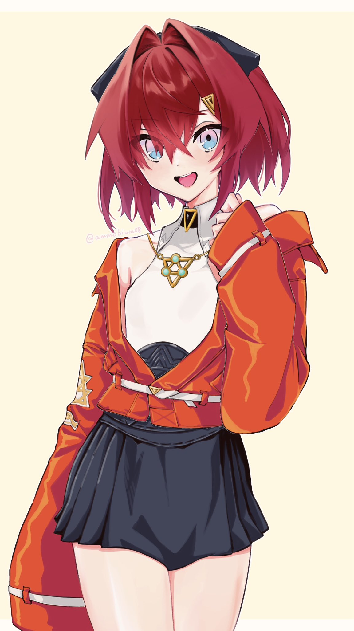 1girl, :d, ange_katrina, ange_katrina_(summer_casual), ayuko_ammobium, bare_shoulders, belt, black_bow
