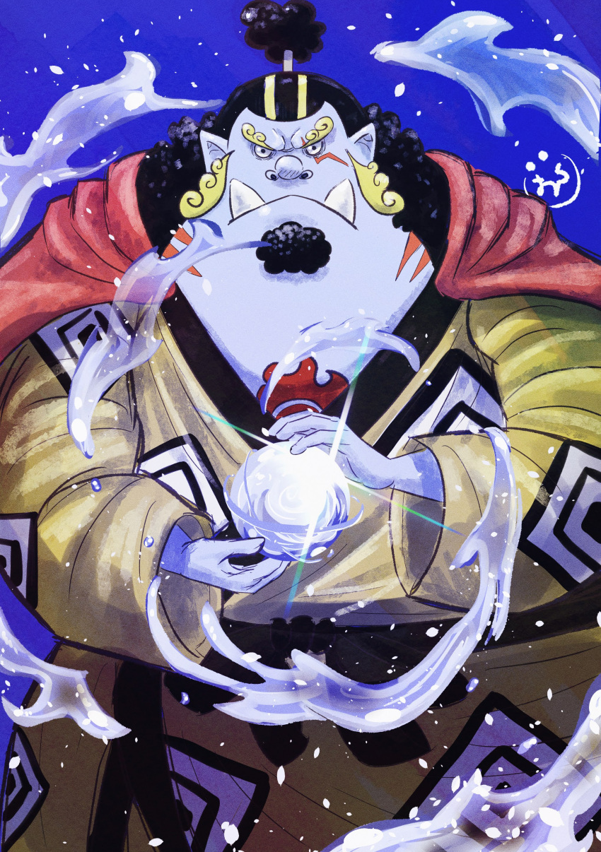 1boy, absurdres, black_hair, blue_background, cape, chest_tattoo, closed_mouth, commentary, cowboy_shot, facial_hair, goatee, half_updo, highres, hood, hooded_cape, incoming_attack, jinbe_(one_piece), long_hair, looking_at_viewer, male_focus, one_piece, onepiece_banbi, simple_background, solo, tattoo, water, wide_sleeves