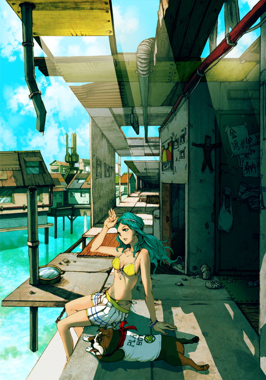 aqua_eyes, aqua_hair, bare_shoulders, bikini, bracelet, cloud, clouds, dog