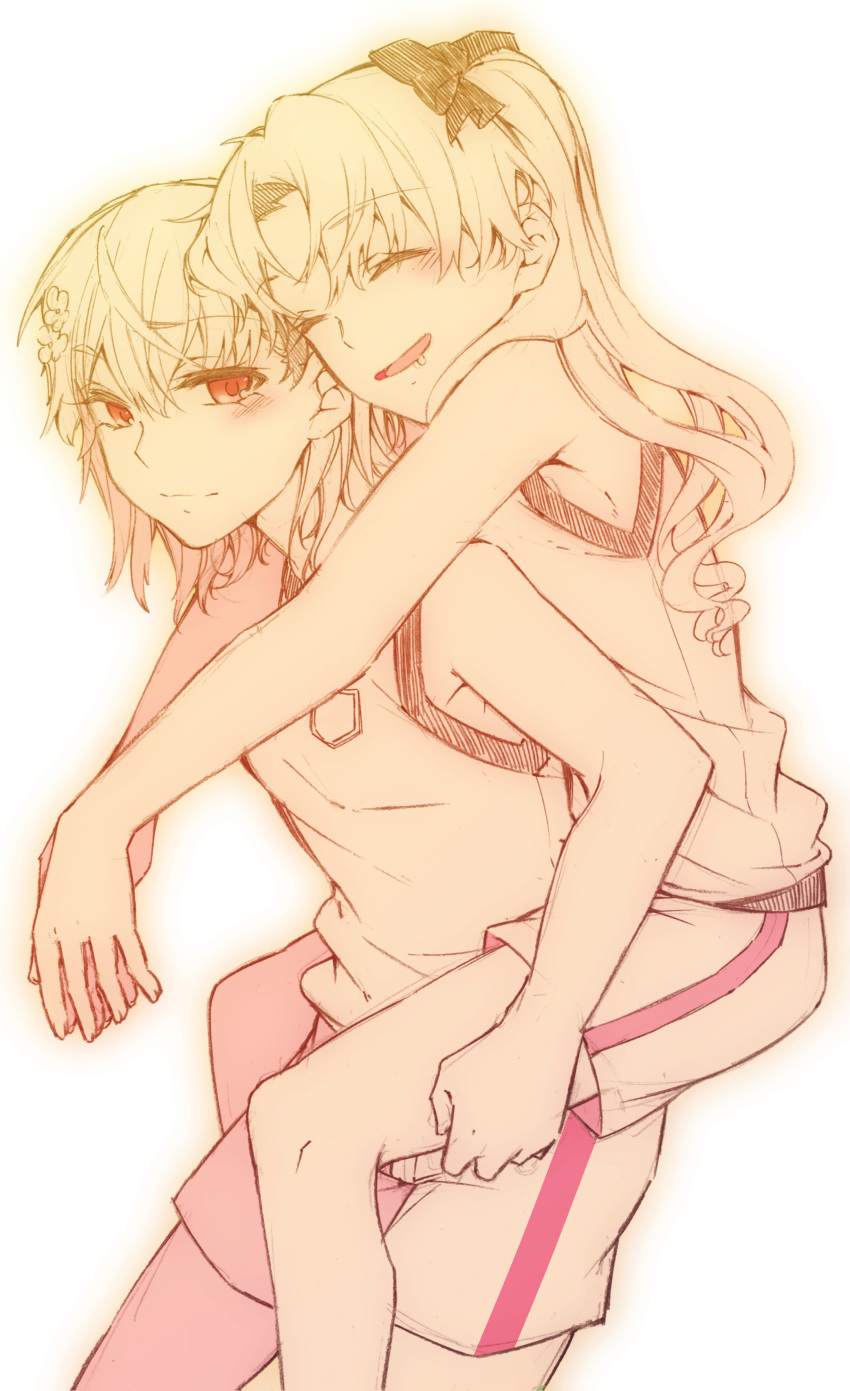 2girls, absurdres, arms_around_neck, blush, bow, brown_eyes, carrying, closed_eyes