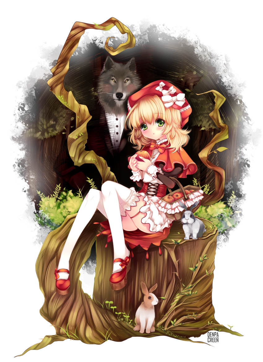 basket, big_bad_wolf_(grimm), blonde_hair, blush, bow, bunny, capelet, dress