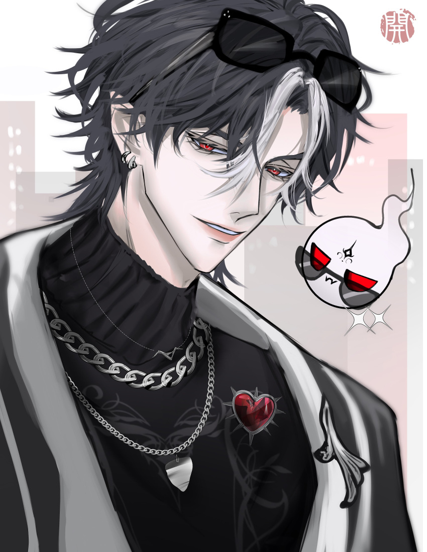1boy, absurdres, black_hair, earrings, eyewear_on_head, first_stage_production, highres, jacket, jewelry, kaikaijins, looking_at_viewer, lucien_lunaris, male_focus, necklace, pointy_ears, red_eyes, sparkle, sunglasses, sweater, teeth, turtleneck, turtleneck_sweater, vampire