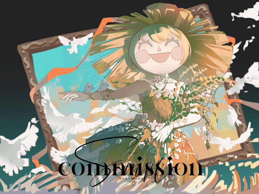 1girl, ^_^, absurdres, ambird_(infinity_nikki), animal_on_arm, animal_on_head, awan_(wanzhong81144), bare_shoulders