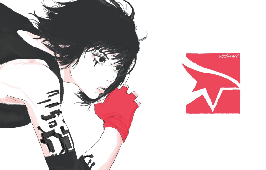 1girl, black_eyes, black_hair, commentary, copyright_logo, english_commentary, facial_tattoo, faith_connors
