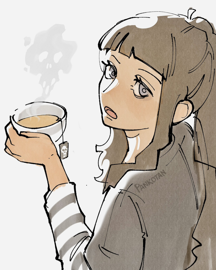1girl, artist_name, black_hair, blue_eyes, blunt_bangs, bookstore_part-timer, commentary, cup, english_commentary, eyelashes, highres, holding, holding_cup, looking_back, one_piece, one_piece_fan_letter, open_mouth, pank0tan, ponytail, sidelocks, simple_background, smoke, solo, white_background