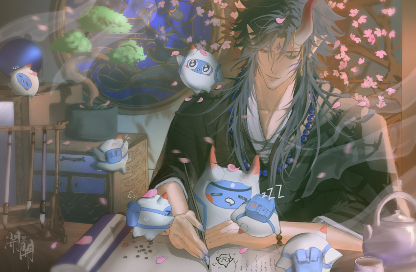 1boy, altus_zendoji, closed_eyes, closed_mouth, creature, falling_petals, first_stage_production, highres
