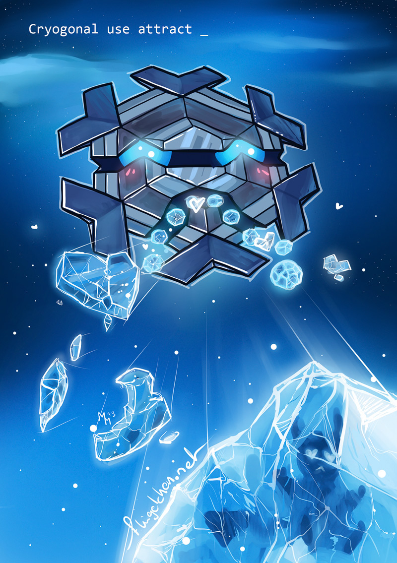 1other, attract_(pokemon), blue_eyes, blue_sky, clouds, cloudy_sky, crack, cryogonal