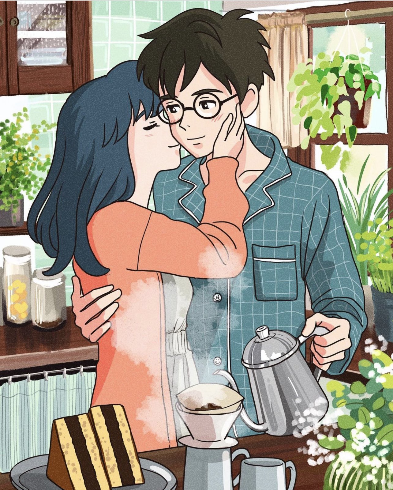 1boy, 1girl, black_hair, blue_hair, blunt_bangs, blush, cardigan, closed_eyes