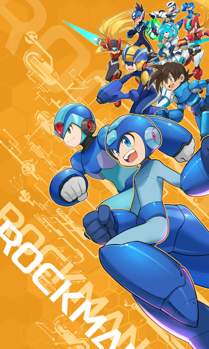 2girls, 6+boys, absurdres, aile_(mega_man_zx), arm_cannon, armor, blonde_hair, blue_armor