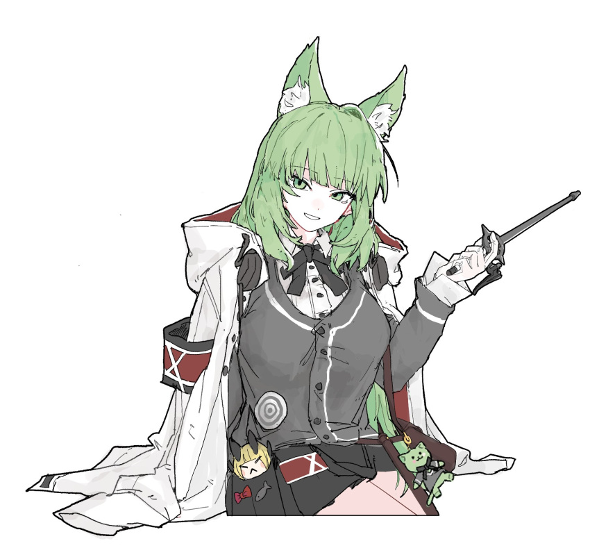 1girl, :d, animal_ear_fluff, animal_ears, arknights, black_cardigan, buttons, cardigan, cropped_legs, gloves, green_eyes, green_hair, grin, harmonie_(arknights), highres, holding, jacket, jacket_on_shoulders, long_hair, long_sleeves, looking_at_viewer, red_jacket, ryne_25, shirt, simple_background, smile, solo, two-sided_fabric, two-sided_jacket, white_background, white_gloves, white_jacket, white_shirt