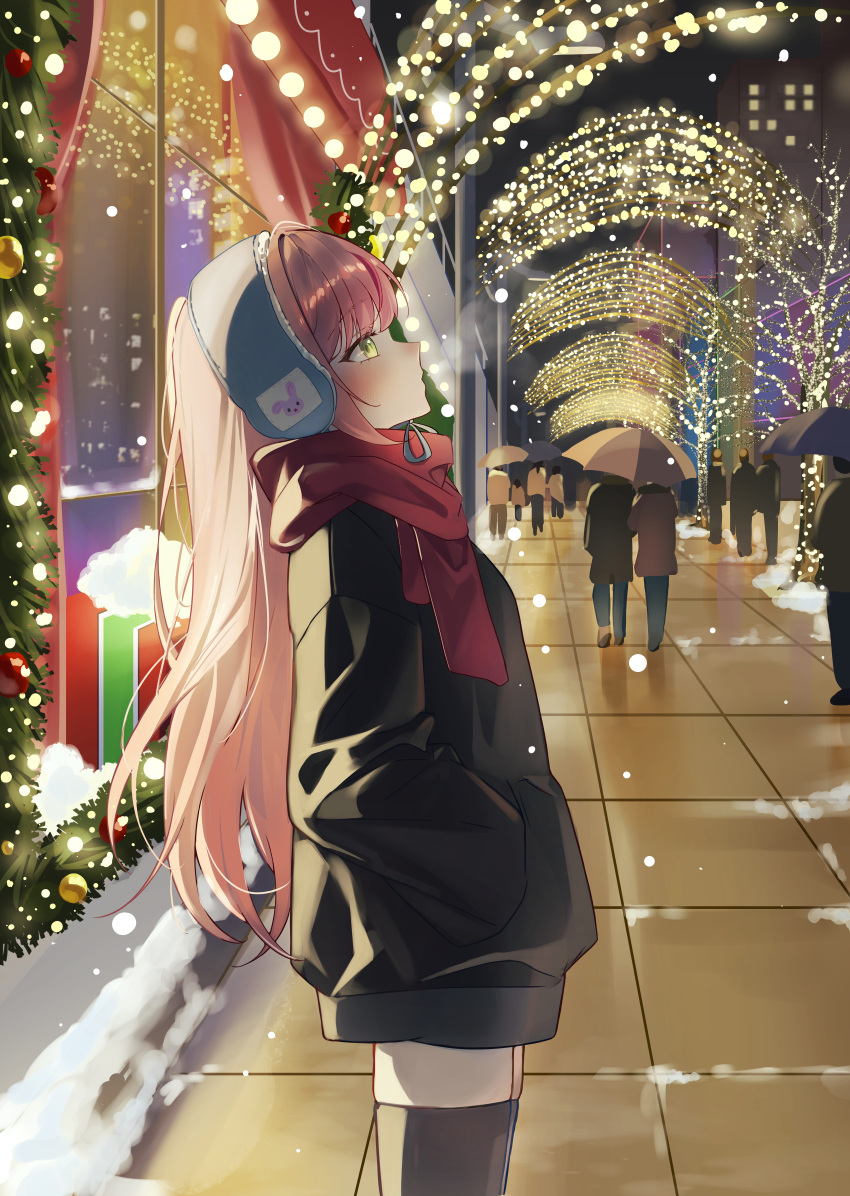 1girl, absurdres, black_sweater, breath, character_print, christmas_lights, commentary, cowboy_shot