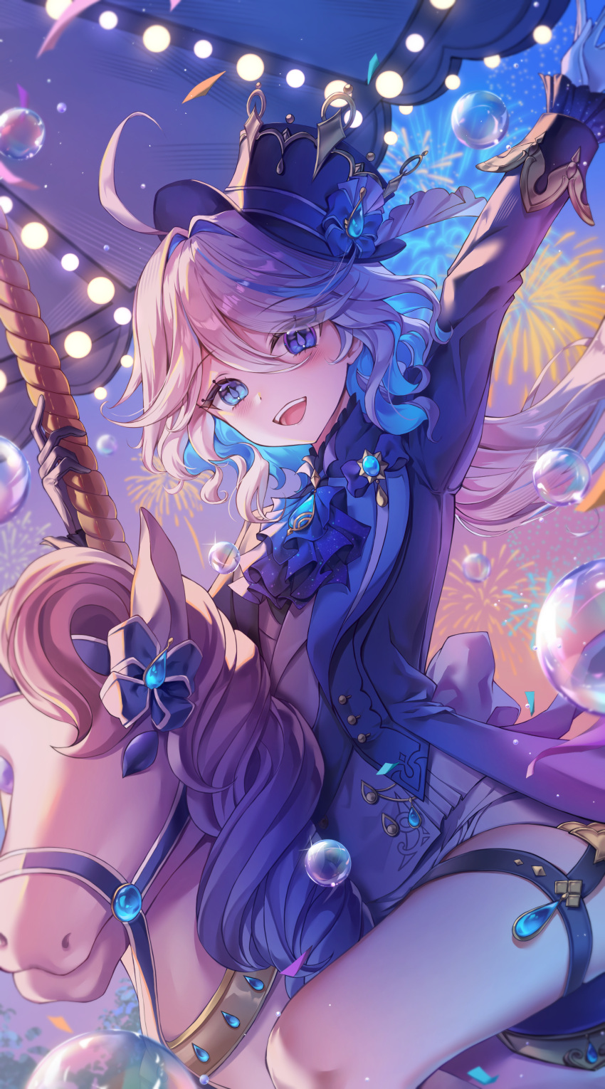 1girl, absurdres, ahoge, arm_up, ascot, asymmetrical_gloves, black_gloves, blue_ascot, blue_eyes, blue_gem, blue_hair, blue_hat, blue_jacket, bubble, carousel, commentary, drop-shaped_pupils, furina_(genshin_impact), gem, genshin_impact, gloves, gyom_i, hat, heterochromia, highres, horseback_riding, jacket, long_hair, long_sleeves, looking_at_viewer, mismatched_gloves, mismatched_pupils, multicolored_hair, open_mouth, ouji_fashion, riding, shorts, smile, solo, streaked_hair, symbol-only_commentary, symbol-shaped_pupils, thigh_strap, top_hat, white_gloves, white_hair, white_shorts