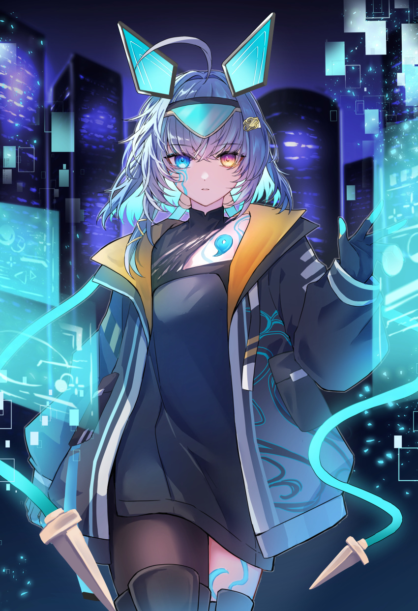 1girl, absurdres, ahoge, animal_ears, arm_at_side, asymmetrical_legwear, black_gloves, black_jacket, black_shirt, blue_eyes, blue_hair, building, cable, commission, cowboy_shot, cyberpunk, digital_dissolve, expressionless, facial_tattoo, fake_animal_ears, flat_chest, gloves, gradient_eyes, hair_ornament, hand_up, headgear, heterochromia, highres, holographic_interface, indie_virtual_youtuber, jacket, long_single_sidelock, long_sleeves, looking_at_viewer, magatama, multicolored_eyes, night, non_koto27, open_clothes, open_jacket, orange_jacket, outdoors, parted_lips, sayu_sincronisity, sayu_sincronisity_(1st_costume), second-party_source, shirt, skeb_commission, skyscraper, solo, standing, straight-on, tattoo, two-sided_fabric, two-sided_jacket, violet_eyes, virtual_youtuber, walking, yellow_eyes