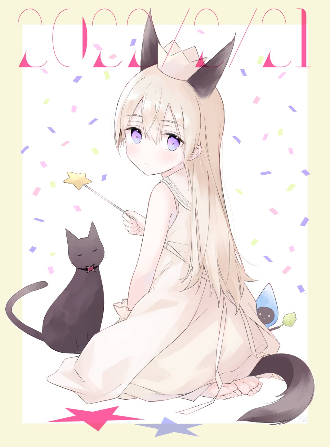 1girl, alternate_costume, animal_ears, back, barefoot, black_cat, blue_eyes, cat