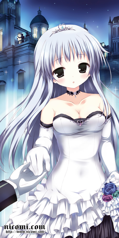1girl, :o, breasts, choker, cleavage, crown, dress, elbow_gloves, female, gloves, gray_eyes, grey_eyes, hand_holding, holding_hands, jewelry, kanna_ryouto, long_hair, nicomi.com, original, ryooto_(onlineheart), silver_hair, solo, sparkle, tiara, title_drop, watermark, web_address, wedding_dress