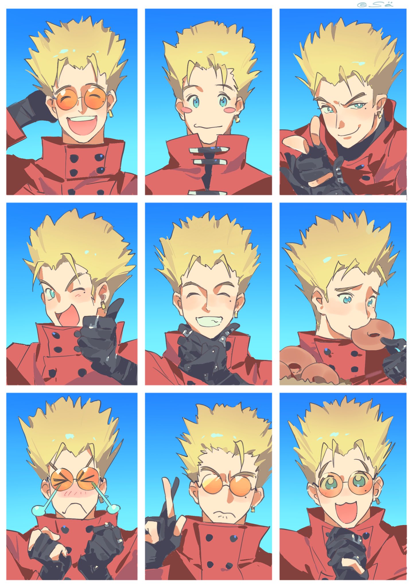 blonde_hair, blue_eyes, coat, doughnut, earrings, finger_gun, fingerless_gloves, food