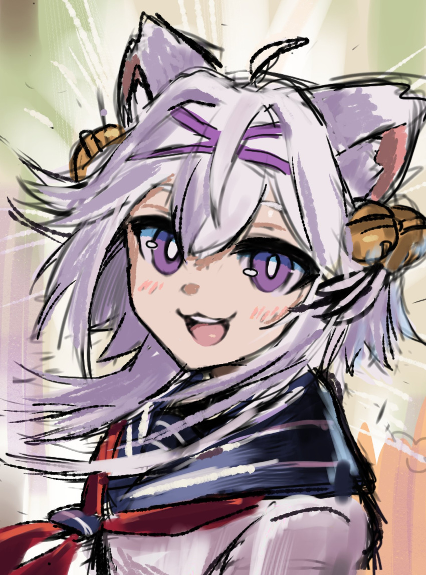 1girl, ahoge, animal_ear_fluff, animal_ears, bell, blue_sailor_collar, filian_(vtuber), hair_bell