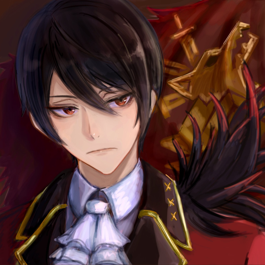 1boy, ascot, black_hair, closed_mouth, coat, collared_shirt, commentary_request, expressionless