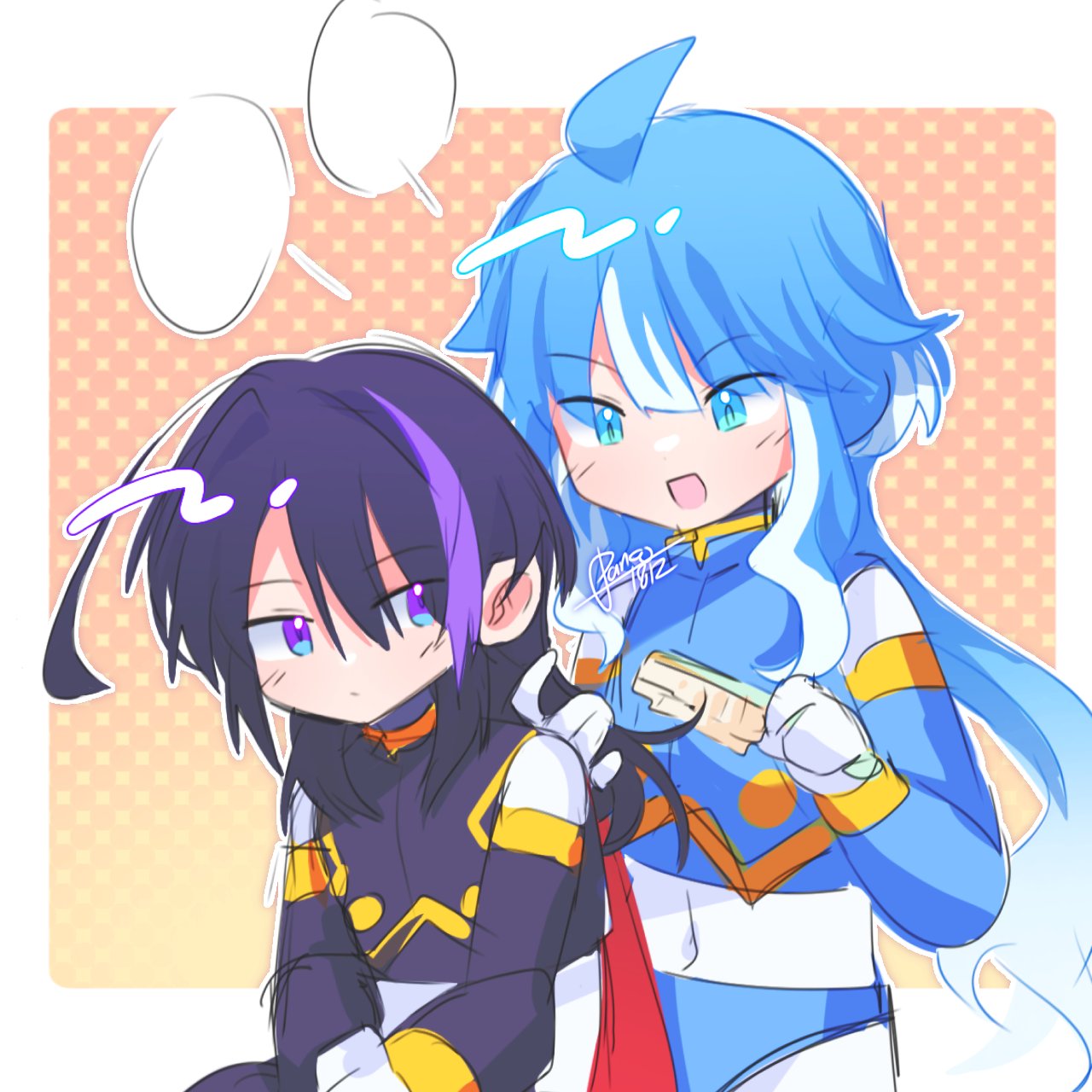 1boy, 1girl, armor, black_armor, black_hair, blue_armor, blue_eyes, blue_hair