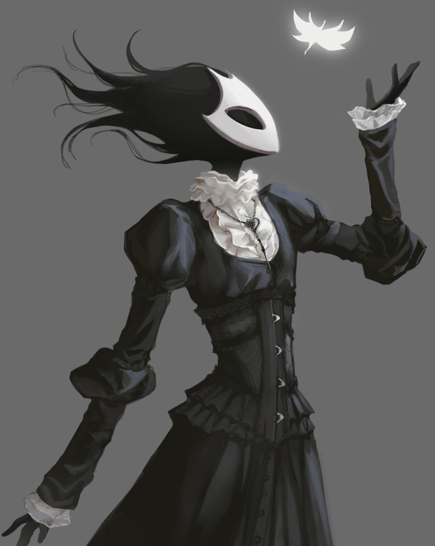 alternate_costume, arthropod_girl, black_dress, black_eyes, black_hair, black_skin, bug, butterfly, colored_skin, dress, floating_hair, glowing_animal, grey_background, highres, hollow_eyes, hollow_knight, hollow_knight:_silksong, jewelry, kindahaimu511, long_sleeves, looking_up, mask, necklace, phantom_(hollow_knight), simple_background, white_mask