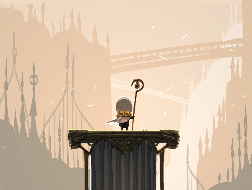 1boy, bell, black_skin, caretaker_(hollow_knight), cloak, colored_skin, from_behind, full_body, highres, holding, holding_staff, hollow_knight, hollow_knight:_silksong, p_0p, rosary, staff, white_cloak