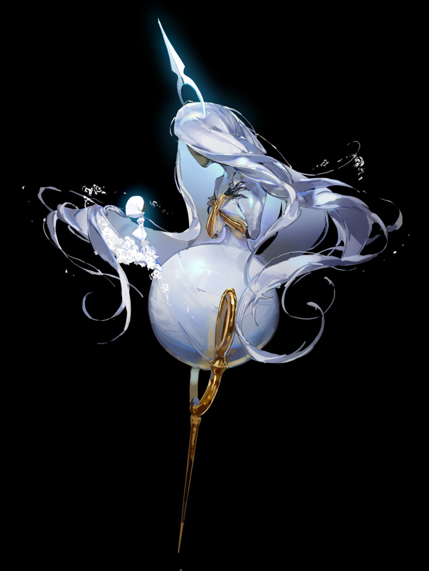 2girls, absurdly_long_hair, arthropod_girl, black_background, black_skin, bodysuit, colored_skin, crossed_arms, f4d1a6, faceless, full_body, giant, giantess, grand_mother_silk_(hollow_knight), highres, hollow_knight, hollow_knight:_silksong, lace_(hollow_knight), long_hair, looking_at_another, multiple_girls, no_humans, no_mouth, puffy_sleeves, simple_background, standing, very_long_hair, white_bodysuit, white_hair