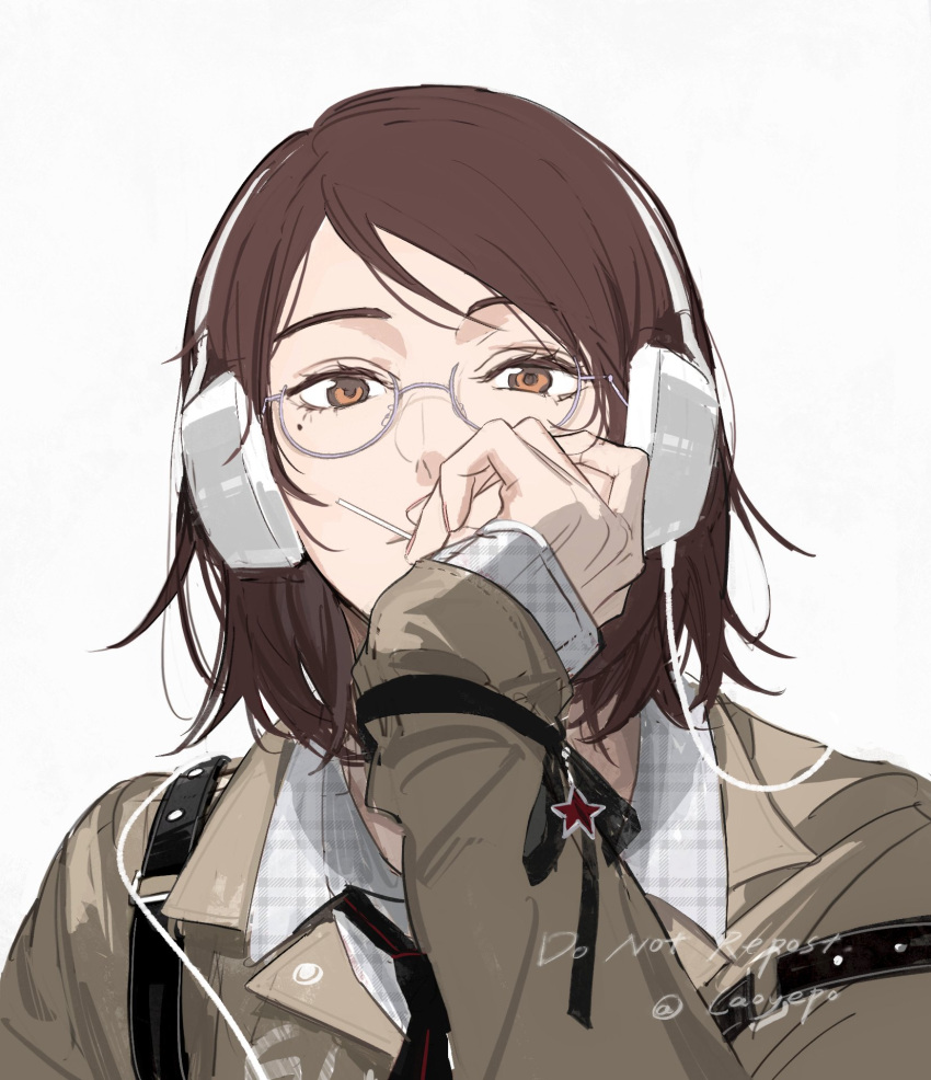 1girl, brown_eyes, brown_hair, closed_mouth, collared_shirt, glasses, grey_background, hand_on_own_face