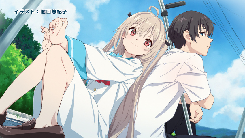 1boy, 1girl, ahoge, anime_coloring, artist_name, atri, atri-my_dear_moments-, back-to-back