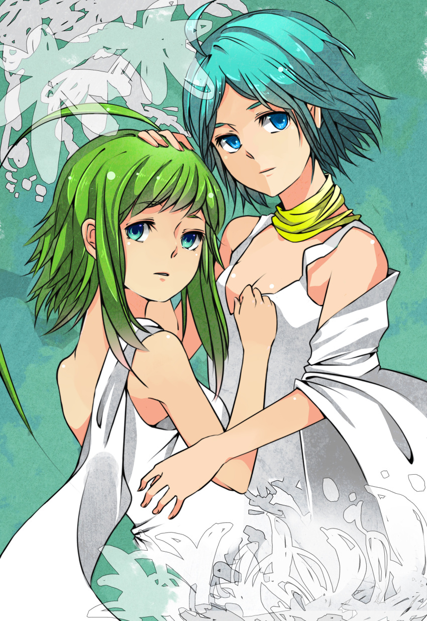 absurdres, ahoge, aqua_eyes, aqua_hair, boyer, green_green_midori-mushi_(vocaloid), green_hair, gumi, highres, multiple_girls, short_hair, sonika, vocaloid
