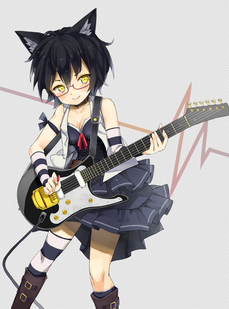 animal_ears, arm_warmers, bare_shoulders, black_hair, blush, boot, boots, breasts, cat_ears, cleavage, collar, detached_sleeves, dress, electric_guitar, female, glasses, gomibox, guitar, instrument, jacket, musical_instrument, original, plectrum, short_hair, simple_background, single_thighhigh, smile, solo, striped, striped_legwear, striped_thighhighs, thighhighs, vest, yellow_eyes