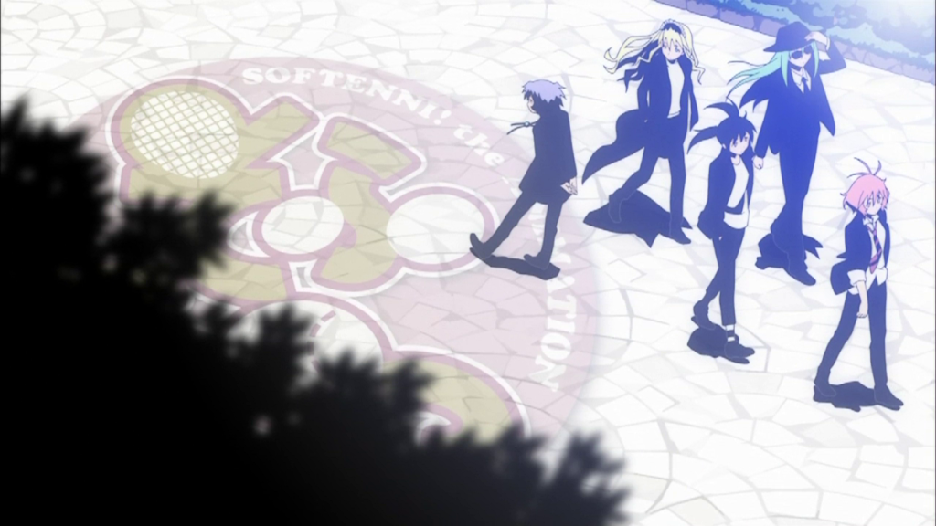 5girls, ahoge, akiyama_chitose, antenna_hair, arms_behind_back, black_hair, blonde_hair, cobblestone, dutch_angle, elizabeth_warren, everyone, eyecatch, formal, from_above, fuyukawa_kurusu, green_hair, hands_in_pockets, harukaze_asuna, hat, headdress, jpeg_artifacts, long_hair, multiple_girls, necktie, open_clothes, open_shirt, pants, pink_hair, purple_hair, sawanatsu_kotone, screencap, serious, short_hair, softenni, suit, sunglasses, tree, trench_coat, twintails, walking, walking_backwards, watermark, wind