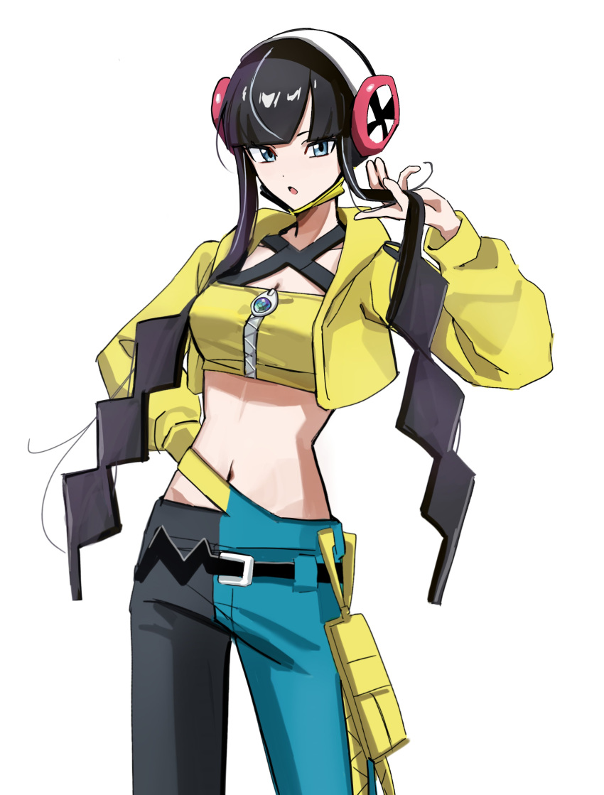 1girl, :o, absurdres, bandeau, black_hair, black_pants, blue_eyes, blue_pants