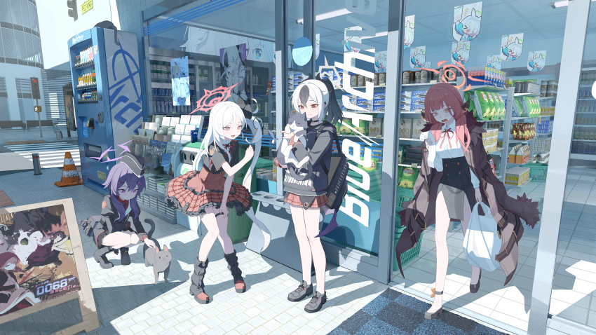 3d_background, 4girls, absurdres, animal, aru_(blue_archive), automatic_door, backpack, bag