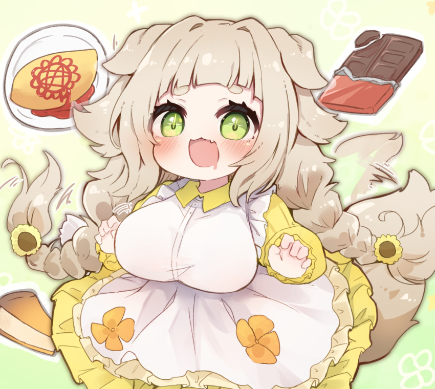 1girl, animal_ears, apron, braid, breasts, chocolate, collared_dress, commentary_request, dog_ears, dog_girl, dog_tail, dress, drooling, fangs, flower, food, forestia_~chiisana_machi_no_bokujou_life~, green_eyes, hair_flower, hair_ornament, large_breasts, long_hair, low_twin_braids, mouth_drool, omelet, omurice, oppai_loli, retory_(forestia), skin_fangs, sunapua, sunflower, tail, thick_eyebrows, twin_braids, white_apron, yellow_dress