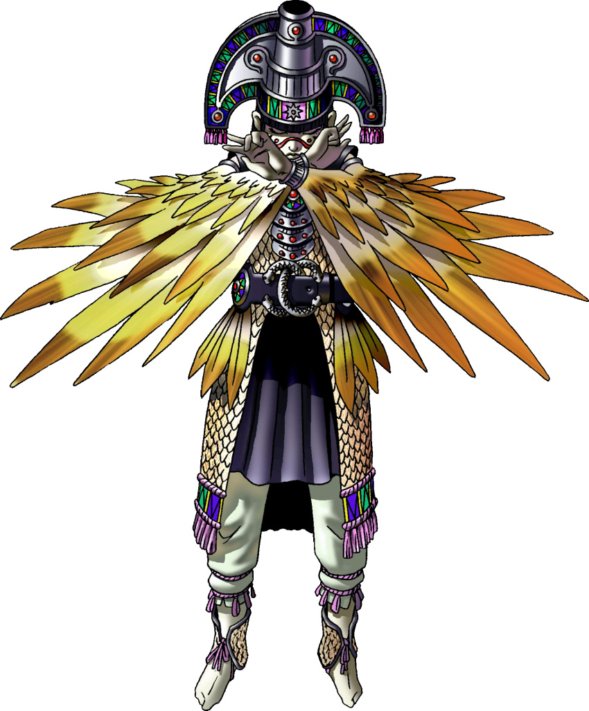 1boy, aztec_clothes, belt, belt_buckle, black_hair, buckle, closed_eyes, crossed_arms, demon_(megami_tensei), devil_summoner_(game), devil_summoner_(series), dress, facial_mark, feathered_arms, full_body, golden_feathers, gown, headdress, highres, jewelry, kazuma_kaneko, male_focus, native_american_clothes, native_american_headdress, official_art, quetzalcoatl_(megami_tensei), shin_megami_tensei, simple_background, snake_belt_buckle, solo, third-party_source, transparent_background, winged_arms, wings