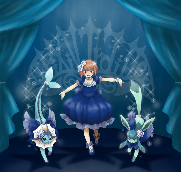 1girl, alternate_color, bangs, blue_dress, blunt_bangs, brown_hair, flower, glaceon