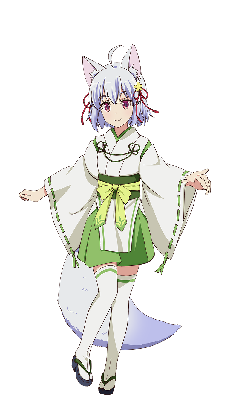 1girl, ahoge, animal_ear_fluff, animal_ears, anime_coloring, closed_mouth, flat_chest, fox_ears, fox_girl, fox_tail, full_body, genjitsu_shugi_yuusha_no_oukoku_saikenki, geta, green_sash, green_skirt, hair_between_eyes, hair_ribbon, hakama, hakama_skirt, highres, inui_tomoe, japanese_clothes, kimono, long_sleeves, looking_at_viewer, obi, official_art, ootsuka_mai, ribbon, ribbon-trimmed_sleeves, ribbon_trim, sash, simple_background, skirt, smile, solo, tachi-e, tail, thigh-highs, transparent_background, violet_eyes, white_hair, white_kimono, white_thighhighs, wide_sleeves