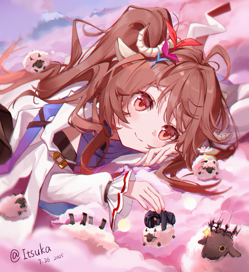 1girl, absurdres, animal_ears, arknights, brown_hair, closed_mouth, commentary_request, eyjafjalla_(arknights), highres, horns, itsuka_yiguo, long_hair, looking_at_viewer, lying, on_stomach, sheep_ears, sheep_girl, sheep_horns, smile, solo