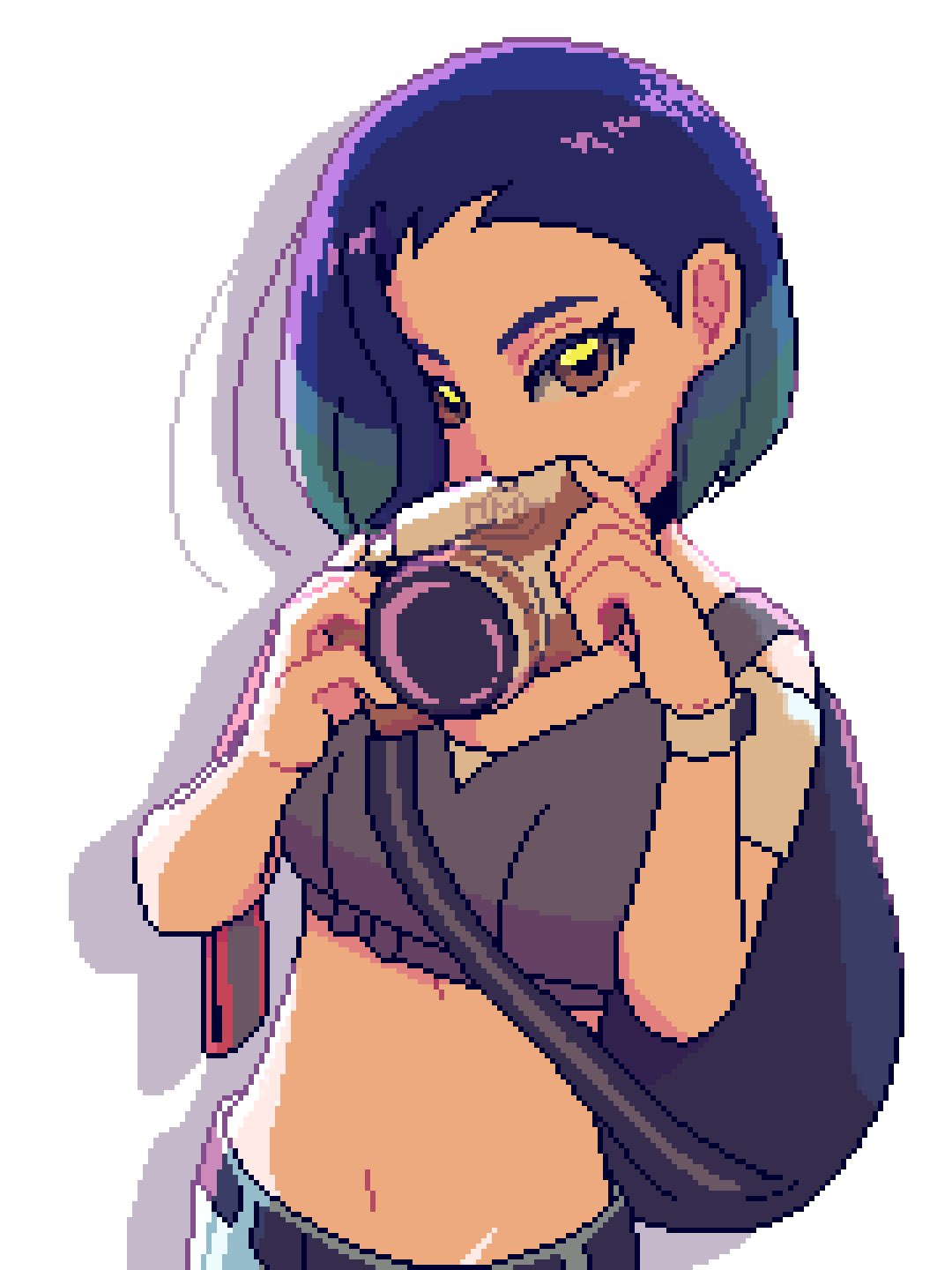 1girl, bare_shoulders, black_choker, blue_hair, bob_cut, brown_eyes, camera, choker, collarbone, crop_top, denim, gradient_hair, grey_shirt, highres, holding, holding_camera, jeans, loose_hair_strand, midriff, multicolored_hair, o1168w, off-shoulder_shirt, off_shoulder, pants, perrin_(pokemon), photographer, pixel_art, pokemon, pokemon_sv, ribbed_shirt, shirt, short_hair, sleeveless, sleeveless_shirt, solo, undershirt, upper_body, v-neck, watch