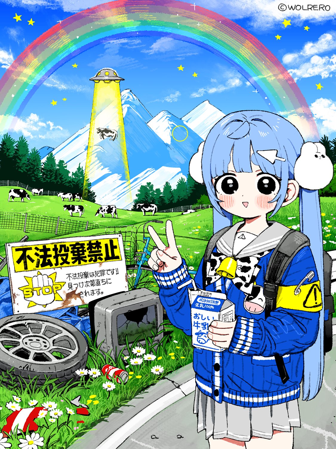 1girl, ahoge, bag, bell, bicycle, black_eyes, blue_hair, blue_jacket