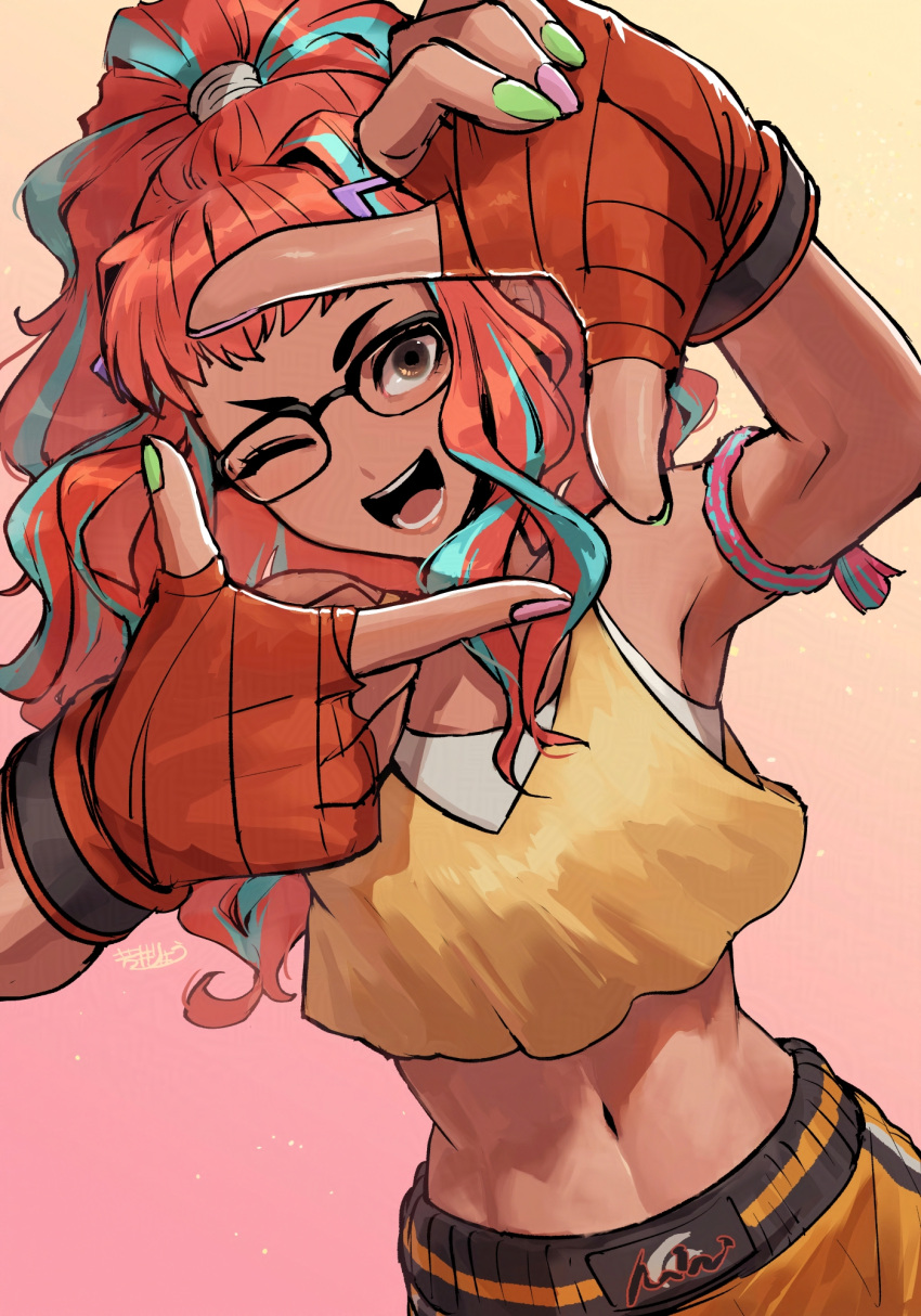 1girl, aqua_hair, armband, bandaged_hand, bandages, bare_shoulders, boxing_shorts, bra